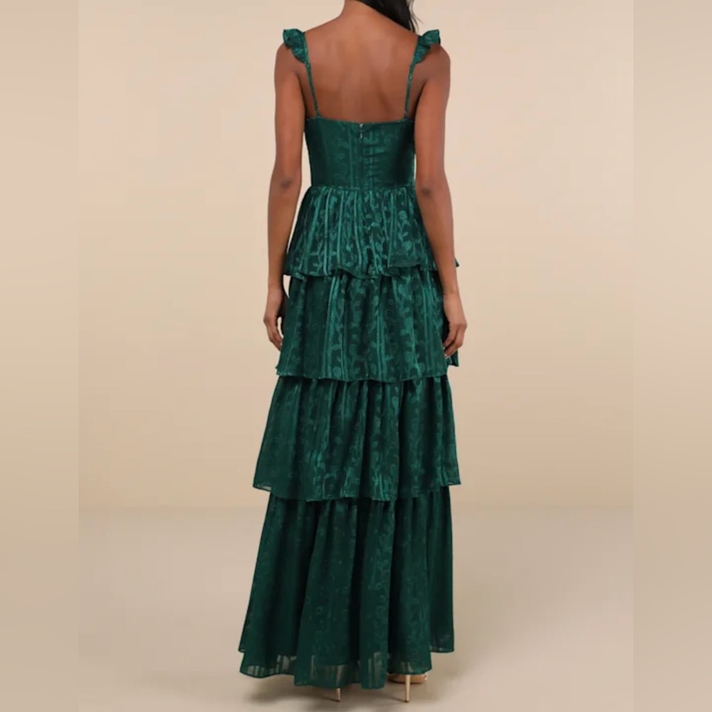 NWT Lulus- Stunning Glory Hunter Green Floral Jacquard Tiered Maxi Dress Small - Picture 2 of 13